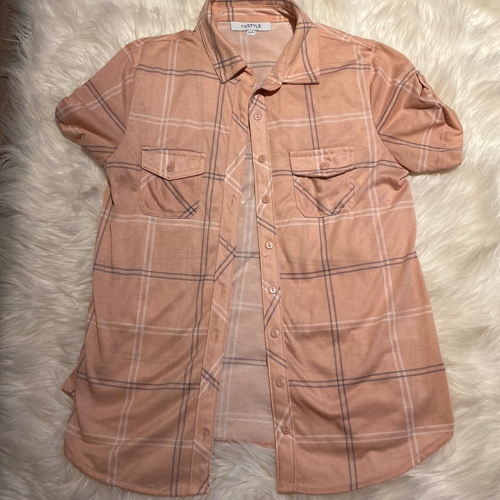 My style Womens Pink plaid with Blue Button down collared t-shirt Size Small